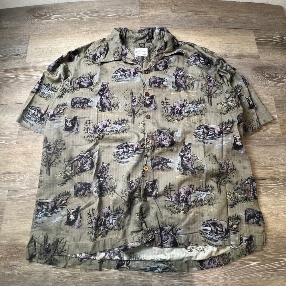 David Carey Bear Print Shirt Mens 2XL Olive Green Cotton Rayon Wildlife Camp